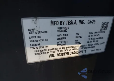 2025 Tesla Cybertruck All-Wheel Drive z USA, uszkodzony, nr VIN 7G2CEHED1SA069111